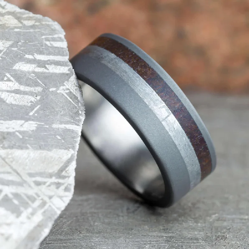 Meteorite and Dinosaur Bone Ring in Sandblasted Titanium