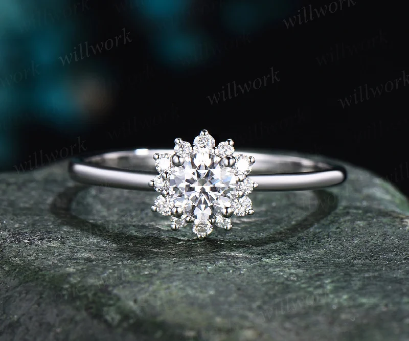 Dainty 5mm moissanite ring vintage round moissanite engagement ring  solid 14k white gold sunflower halo diamonds ring bridal gifts