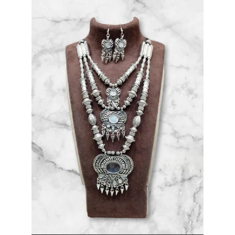 Akruti Collection Oxidised  Plated Long Mirror Necklace Set