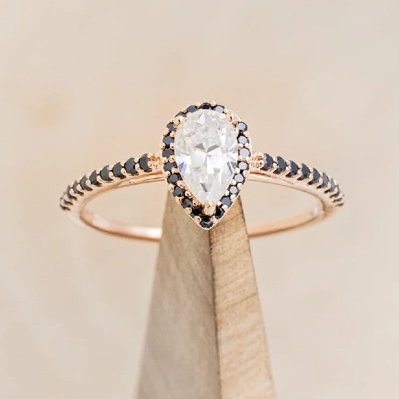 "RORY" - PEAR CUT MOISSANITE ENGAGEMENT RING WITH BLACK DIAMOND HALO & ACCENTS