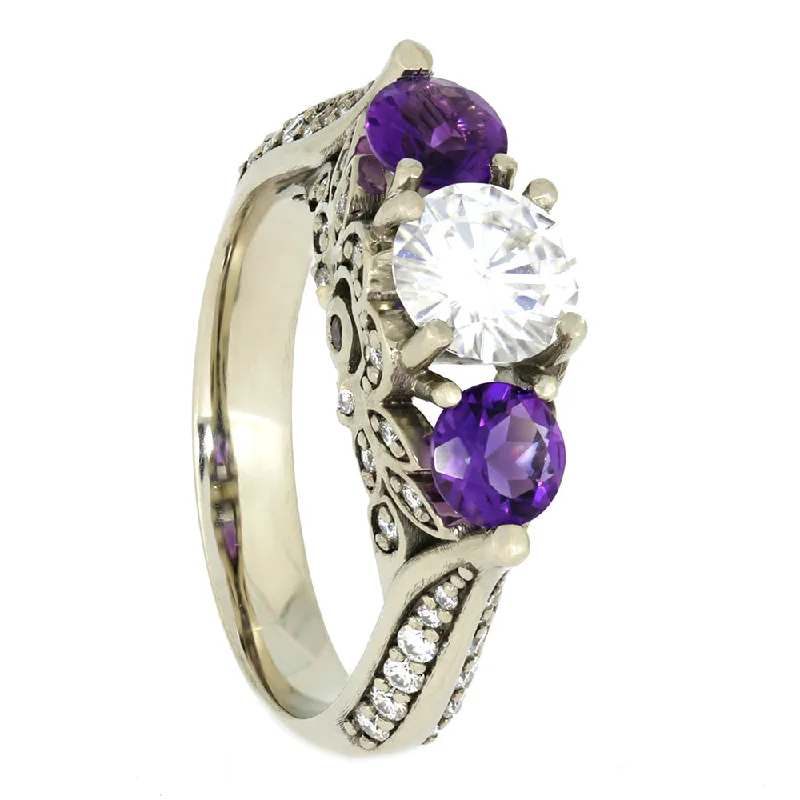 Three Stone Floral Prong Ring With Accented Shank