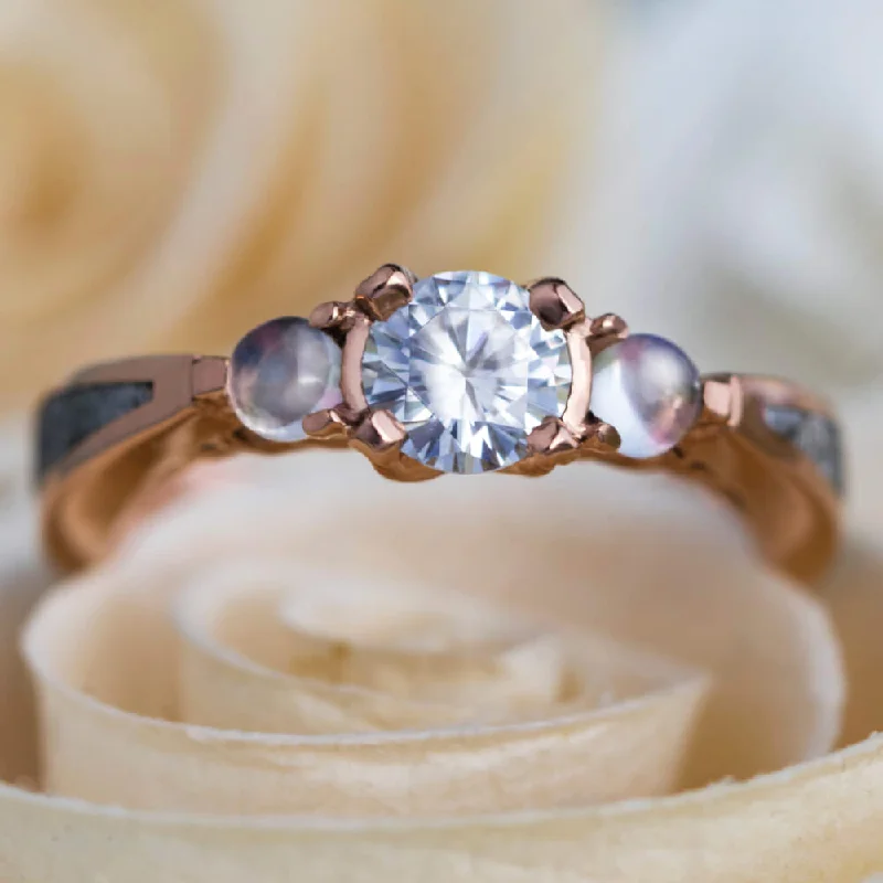 Meteorite, Moonstone & Moissanite Three Stone Engagement Ring