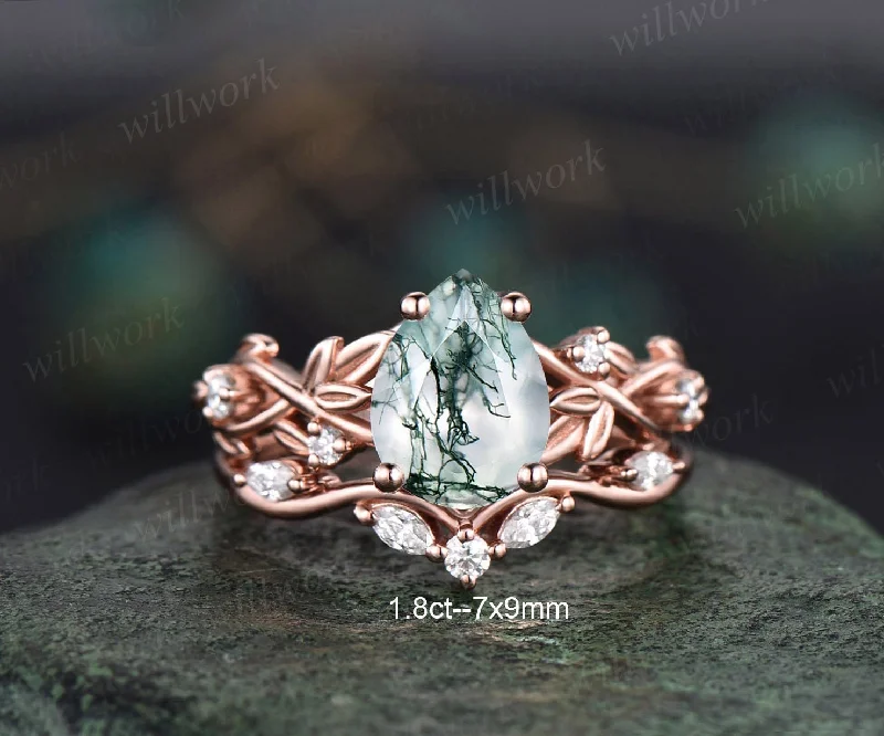 Twig pear shaped moss agate engagement ring set rose gold five stone leaf branch Nature inspired ring diamond wedding ring set women jewelry