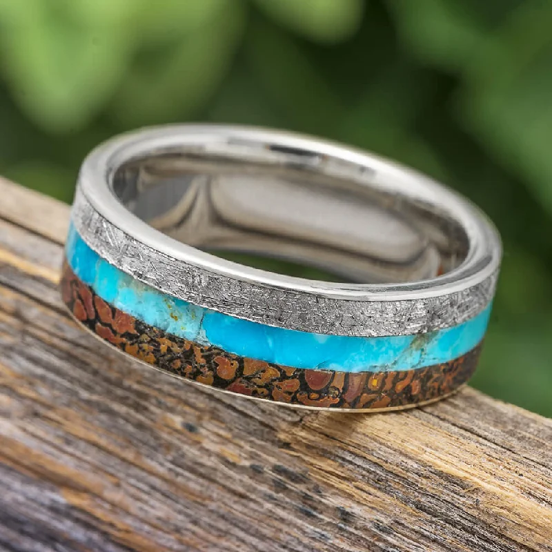 Turquoise, Meteorite & Dinosaur Bone Men's Wedding Band