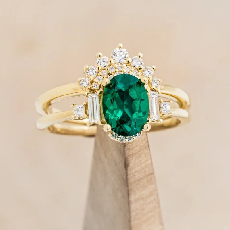 "ORNA" - OVAL LAB-GROWN EMERALD ENGAGEMENT RING WITH DIAMOND ACCENTS & TRACER