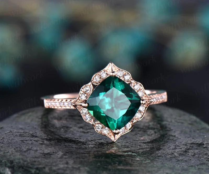 Cushion cut emerald ring gold vintage emerald engagement ring set 14krose gold flower unique engagement ring antique diamond ring for women