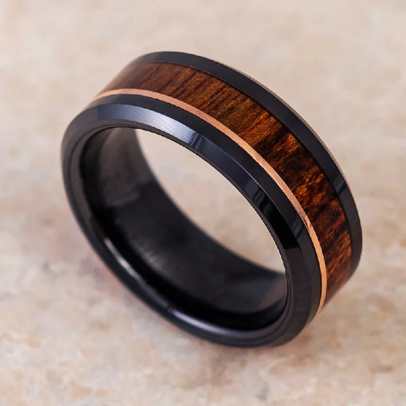 Wood & Black Ceramic Wedding Band With Rose Gold Pinstripe