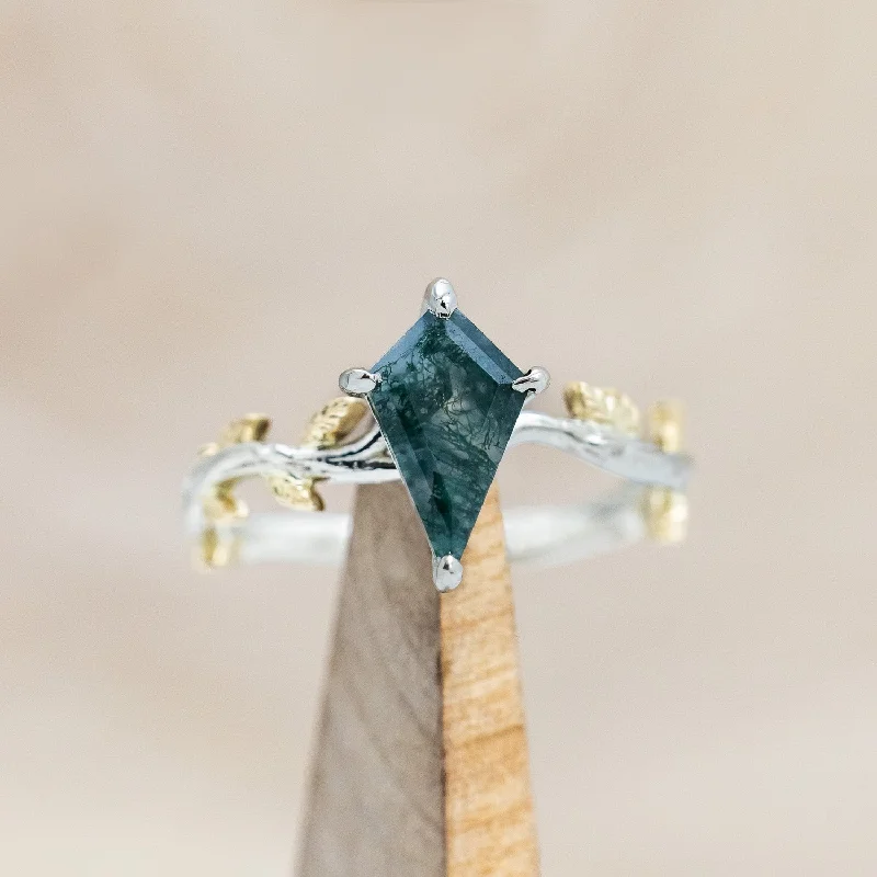 "PARISA " - TWO TONE KITE CUT MOSS AGATE ENGAGEMENT RING WITH LEAF ACCENTS