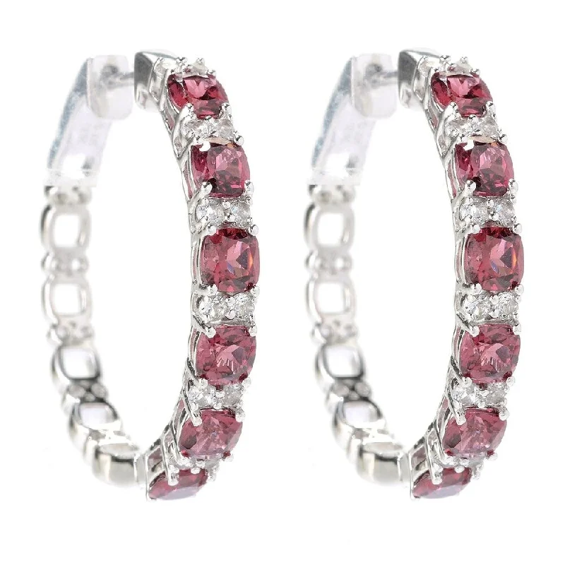 Sterling Silver 1-inch Rhodolite and White Topaz Hoop Earrings