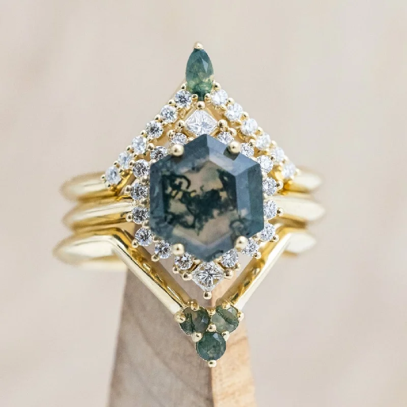 "NEREZZA" - BRIDAL SUITE - HEXAGON CUT MOSS AGATE ENGAGEMENT RING WITH DIAMOND ACCENTS & TRACERS