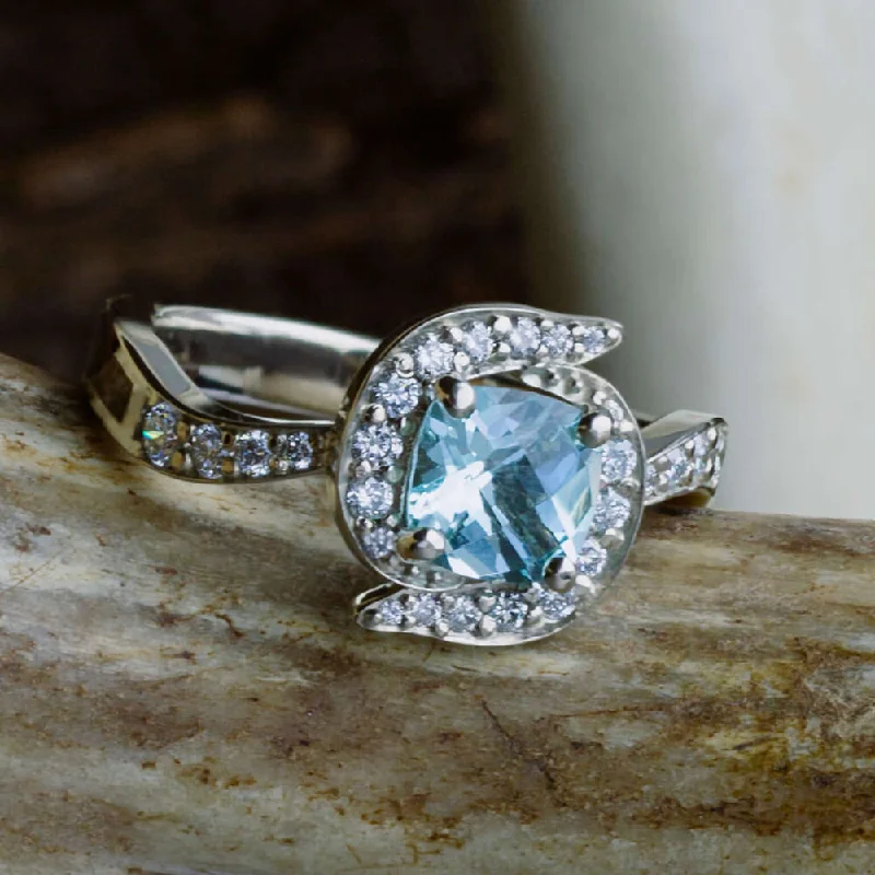 Aquamarine Halo Engagement Ring with Antler Inlay