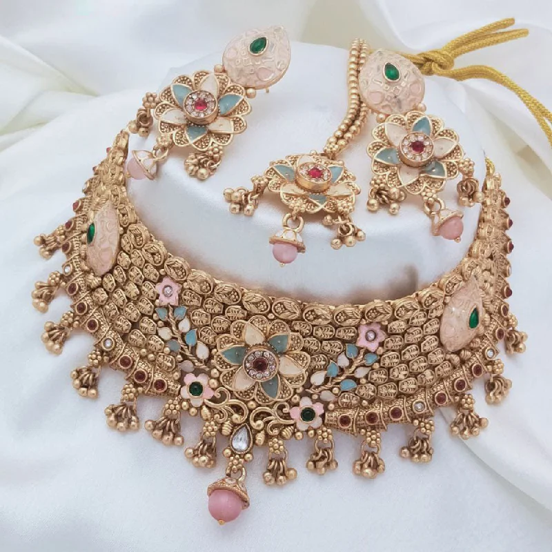 Akruti Collection Gold Plated Pota Stone And Pearls Meenakari Choker Necklace Set