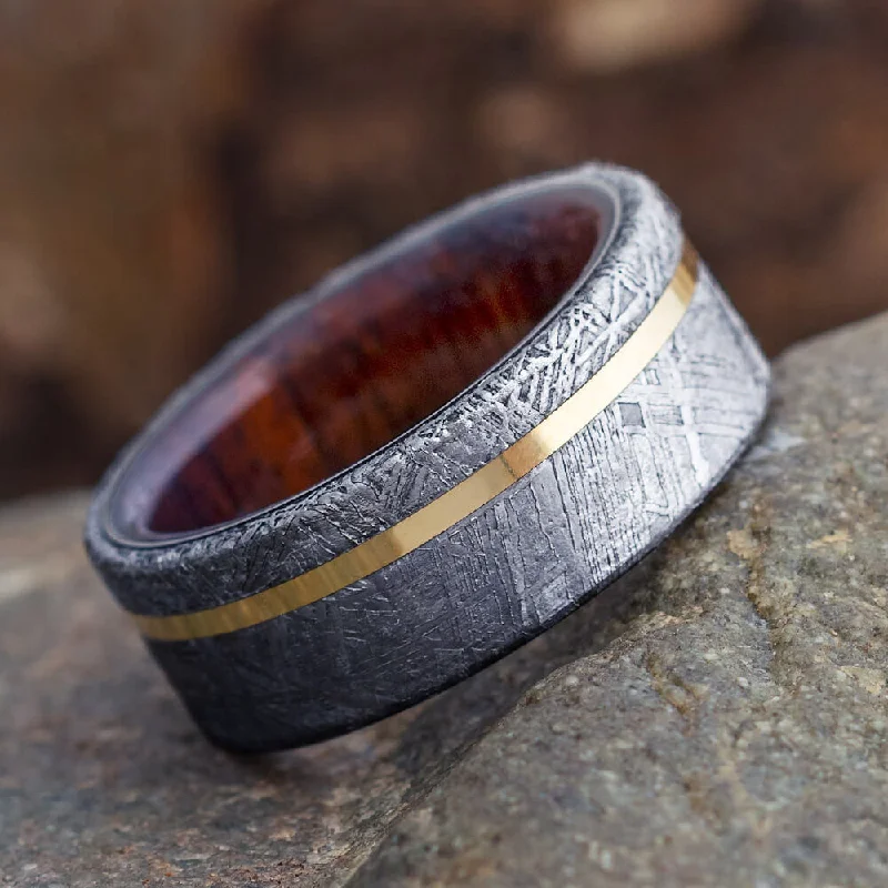 Meteorite Men's Wedding Band With Ironwood & Gold Pinstripe