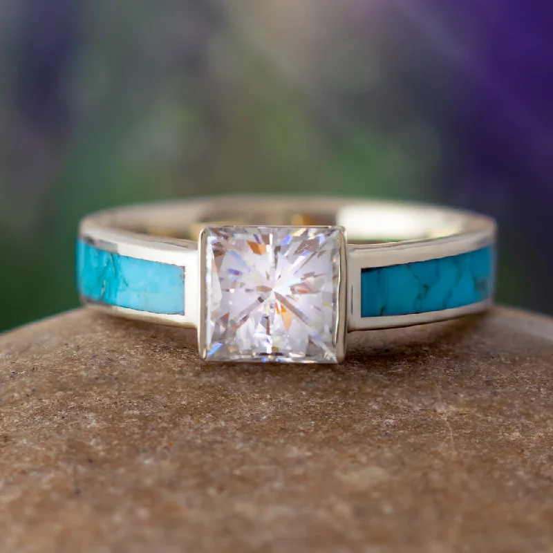 Princess Cut Engagement Ring With Kingman Turquoise