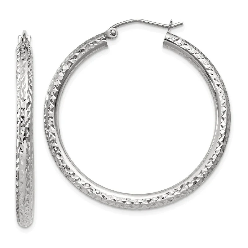 14k White Gold Diamond-cut Round Hoop Earrings (L-35 mm, W-3 mm)