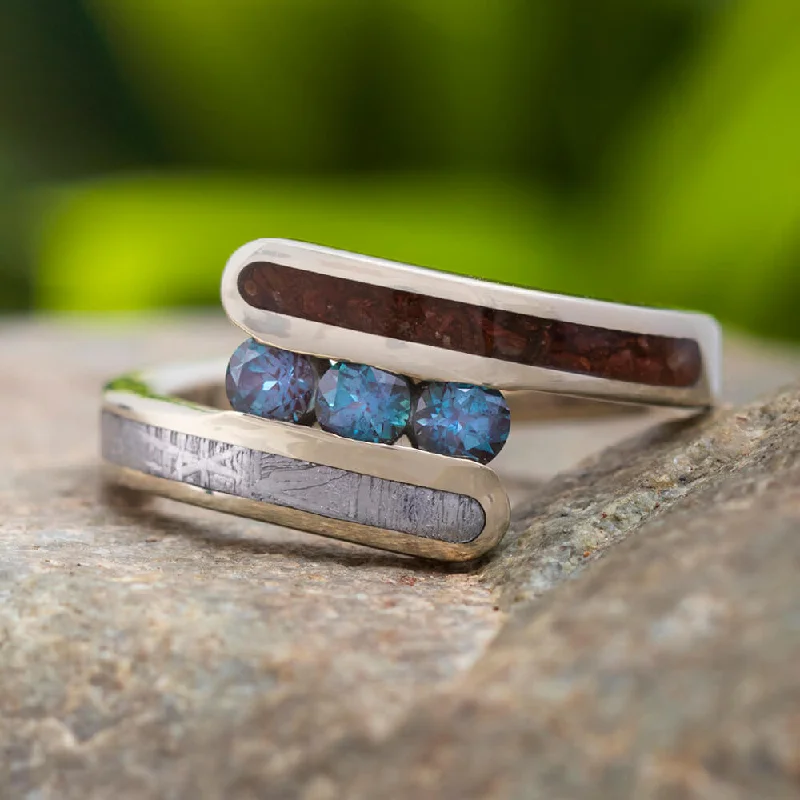 Three Stone Ring With Dinosaur Bone & Meteorite