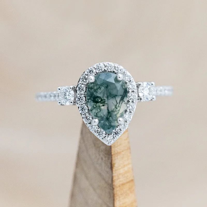 "KB" - PEAR MOSS AGATE ENGAGEMENT RING WITH DIAMOND HALO & ACCENTS