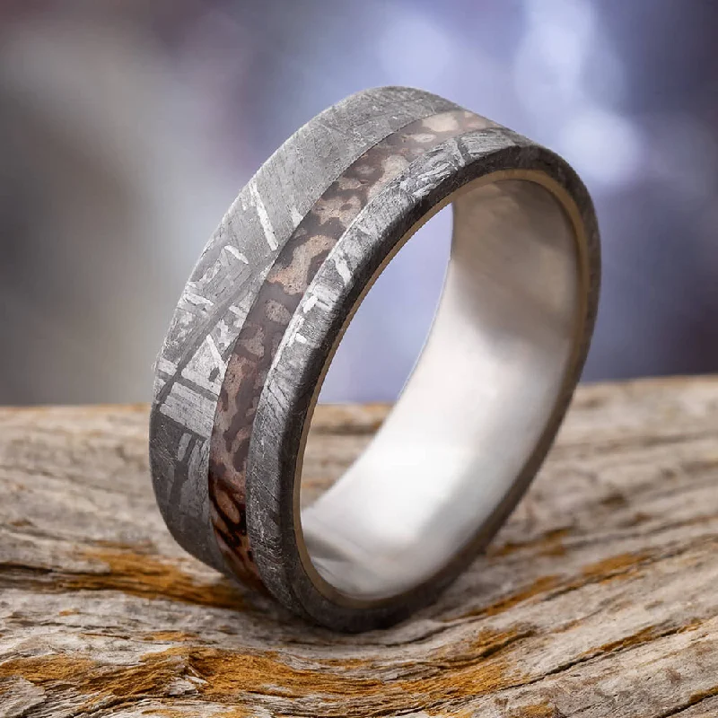 Meteorite Wedding Band With Dinosaur Bone and Titanium