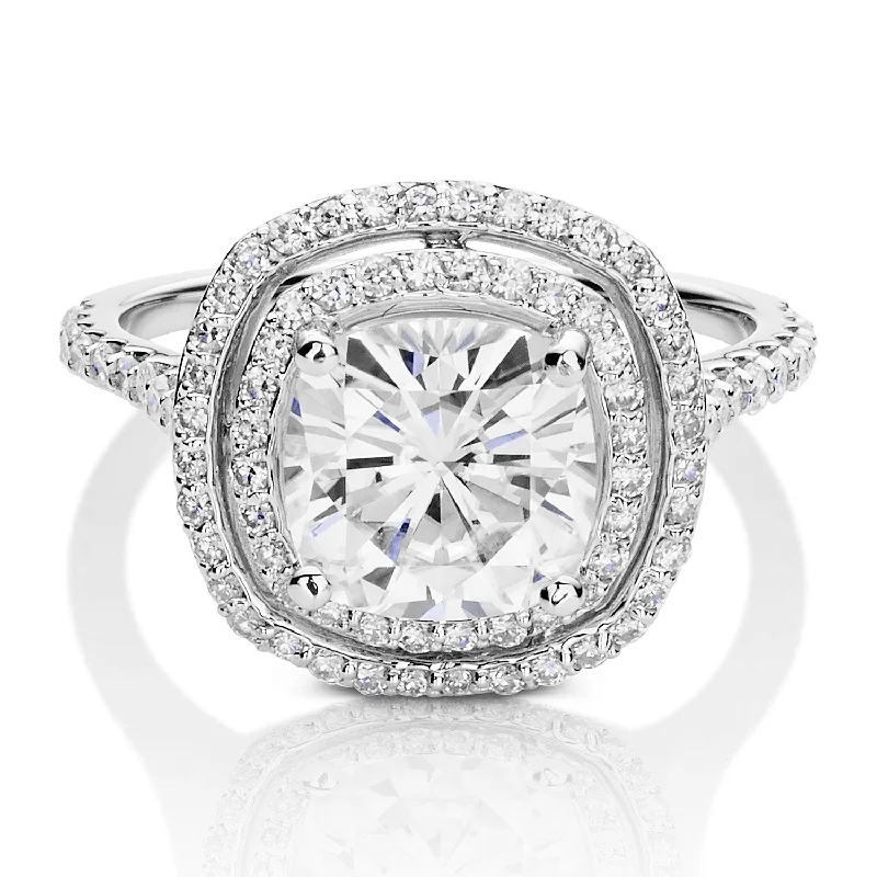 Charles & Colvard Moissanite Cushion Double Halo Ring in White Gold