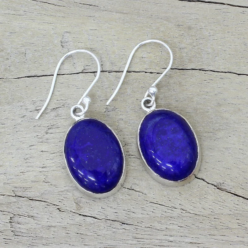 Lapis Lazuli Dangle Earrings, 'Oval Seas' (India)