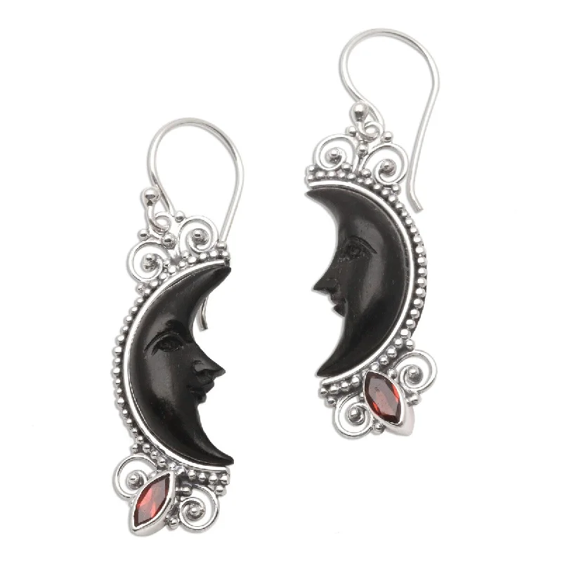 NOVICA Dark Crescent Moon, Garnet and buffalo horn dangle earrings - 1.6*0.4