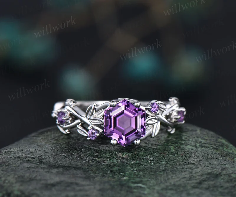 Amethyst ring vintage hexagon cut Amethyst engagement ring 14k white gold leaf ring twisted wedding ring women February birthstone ring gift