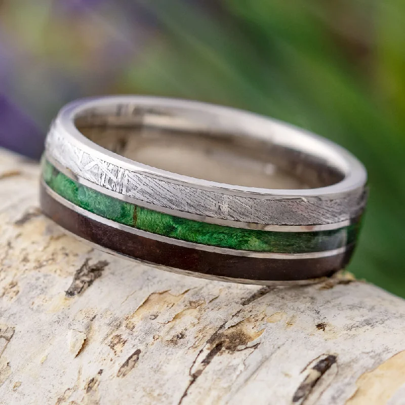 Meteorite, Green Wood & Dinosaur Bone Wedding Band