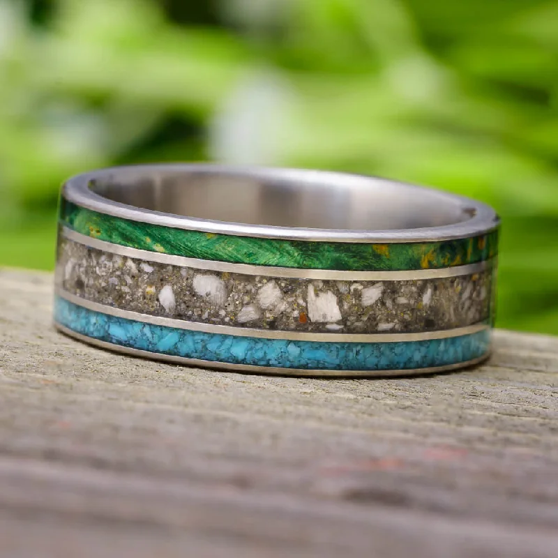 Triple Inlay Memorial Ring With Ashes, Turquoise & Green Wood