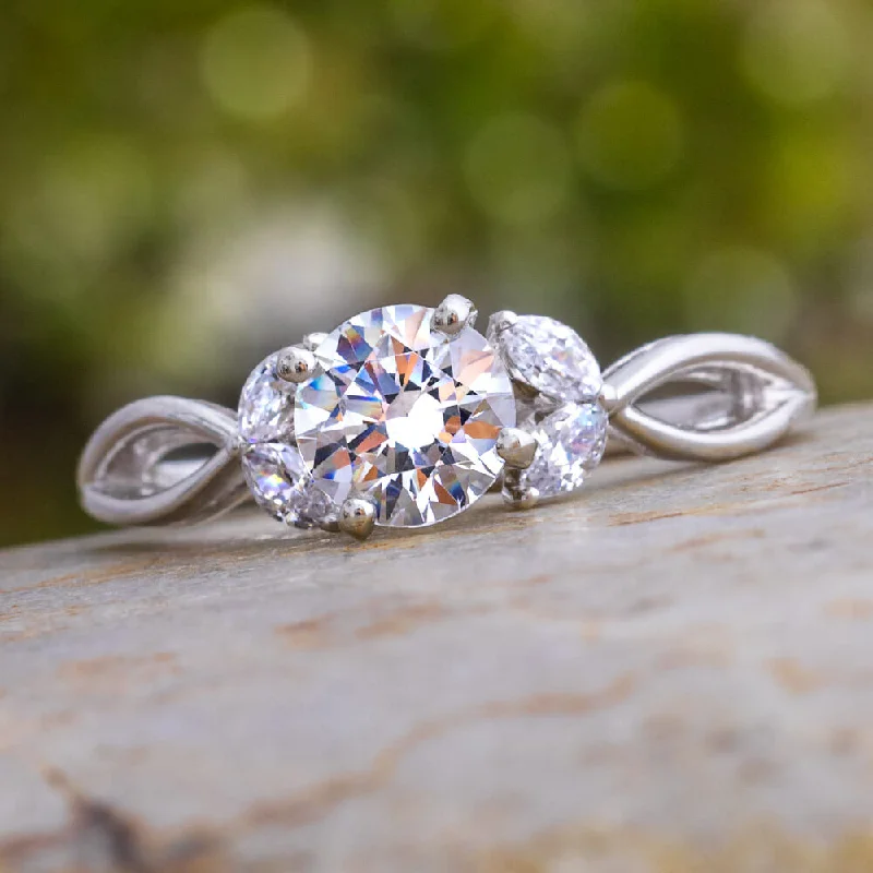 Round Cut Moissanite and Diamond Engagement Ring