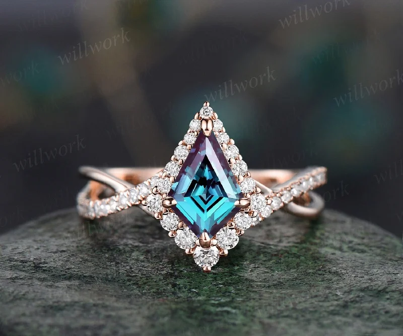 Vintage kite cut alexandrite engagement ring 14k rose gold eternity infinity Twisted snowdrift halo diamond wedding bridal ring women gift