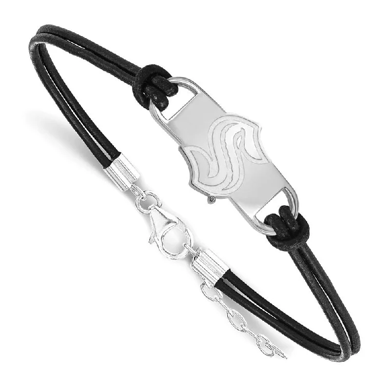 Sterling Silver Rhod. Plated NHL Seattle Kraken Leather Bracelet, 7 In