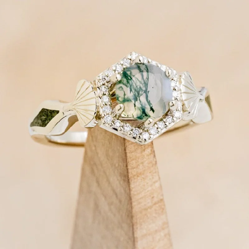 "LUCY IN THE SKY" PETITE - ROUND CUT MOSS AGATE ENGAGEMENT RING WITH DIAMOND HALO, MOSS INLAYS & GINKGO LEAVES ACCENTS