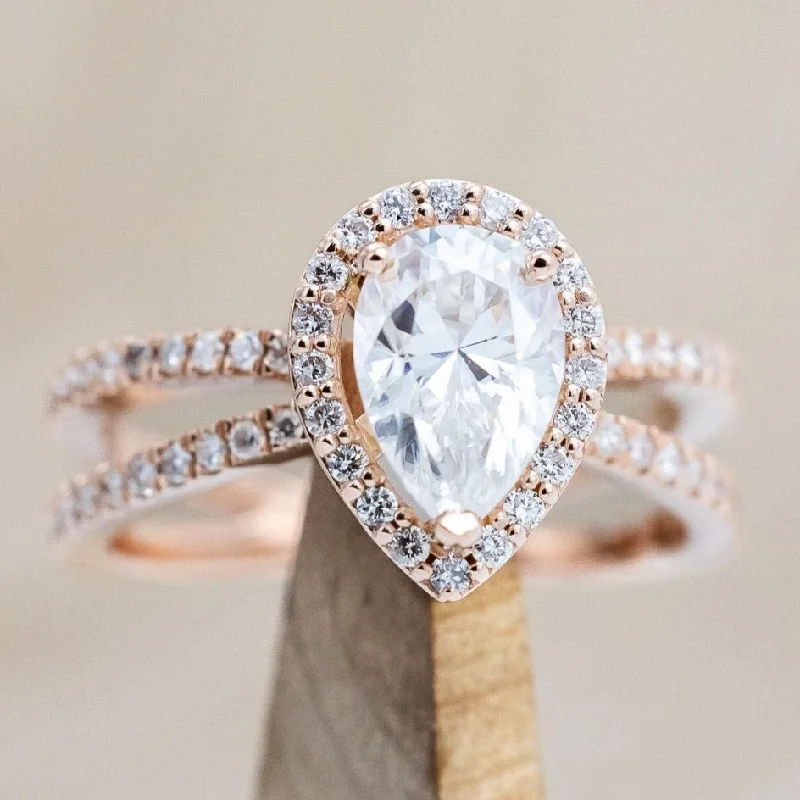 "NALA" - PEAR CUT MOISSANITE ENGAGEMENT RING WITH DIAMOND HALO & ACCENTS