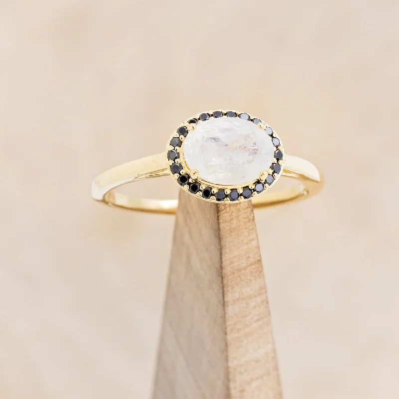 "MONET" - OVAL MOONSTONE ENGAGEMENT RING WITH BLACK DIAMOND HALO