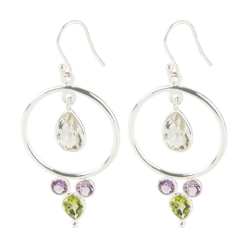 925 Sterling Silver Green Amethyst, Brazilian Amethyst and Peridot Gemstone Dangle Earrings