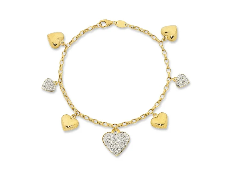 9ct Yellow Gold Silver Infused Heart Charm Bracelet