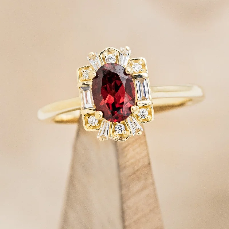 "CLEOPATRA" - OVAL GARNET ENGAGEMENT RING WITH DIAMOND ACCENTS