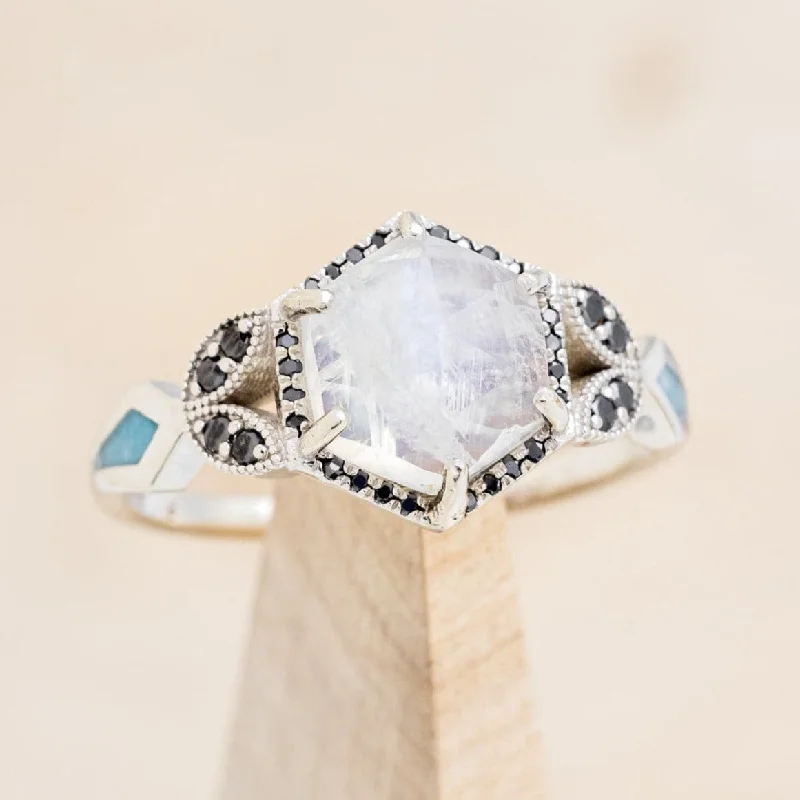 "LUCY IN THE SKY" - FACETED HEXAGON CUT MOONSTONE ENGAGEMENT RING WITH BLACK DIAMOND ACCENTS & TURQUOISE INLAYS