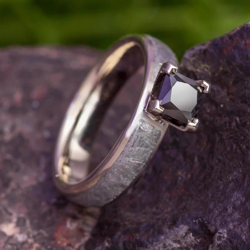 Square Cut Black Diamond Engagement Ring With Meteorite Inlay