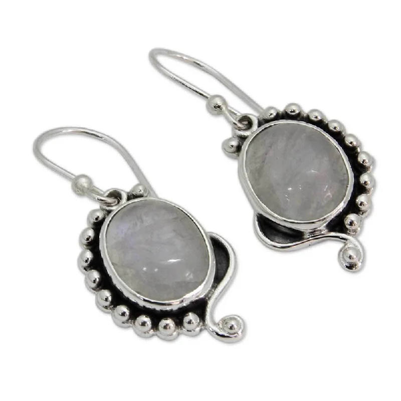 Handmade Sterling Silver 'Indian Paisley' Rainbow Moonstone Earrings (India)