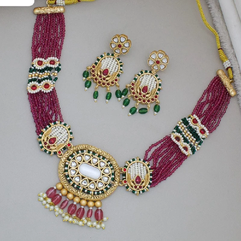 JCM Gold Plated Kundan Stone And Beads Necklace Set